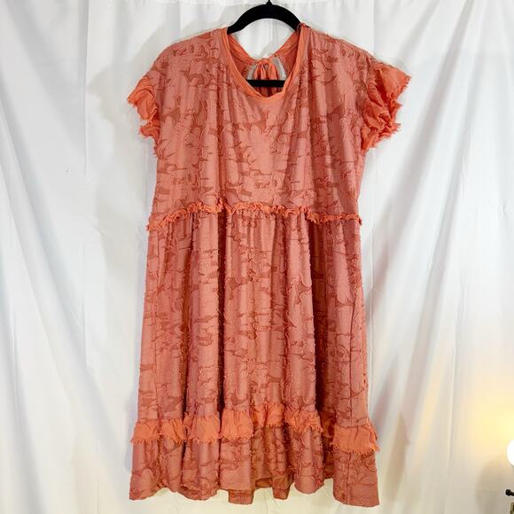 Anthropologie Ruffle Knit Mini Dress Peachy Pink Size M Fits Like L Relaxed Fit - Picture 2 of 8